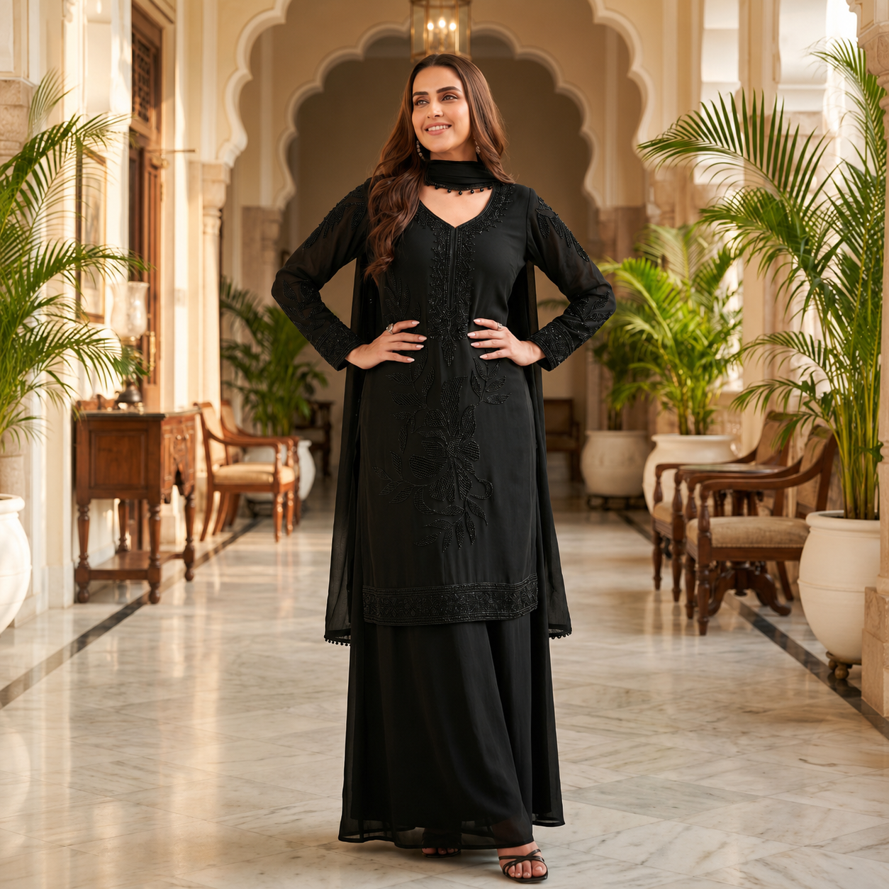 Black Beauties Premium 3-Piece Beads Work Suit Set | Chinnon Fabric | Party & Festive Wear