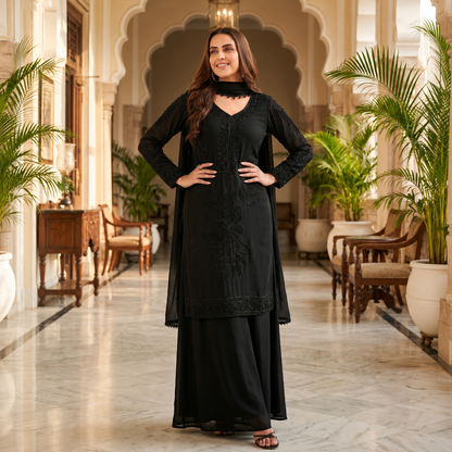 Black Beauties Premium 3-Piece Beads Work Suit Set | Chinnon Fabric | Party & Festive Wear