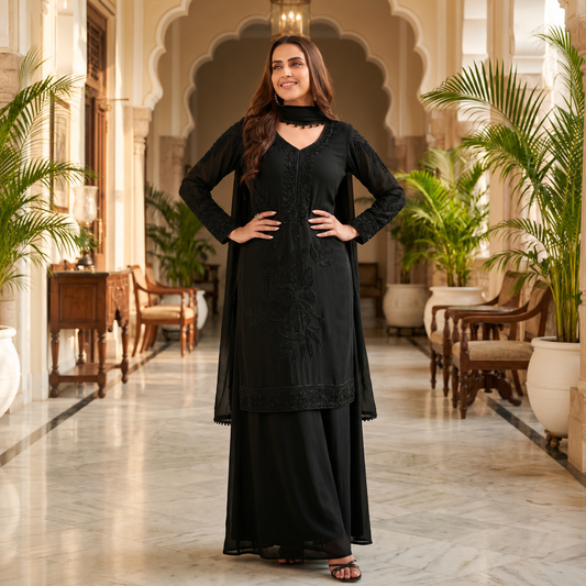 Black Beauties Premium 3-Piece Beads Work Suit Set | Chinnon Fabric | Party & Festive Wear
