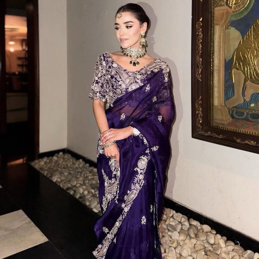 Designer Heavy Embroidery Rangoli Silk Saree With Stitched Blouse