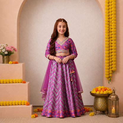 Premium Purple Floral Printed Kids Ethnic Wear Set for Boys & Girls