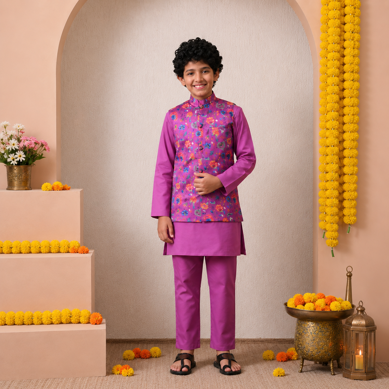 Premium Purple Floral Printed Kids Ethnic Wear Set for Boys & Girls