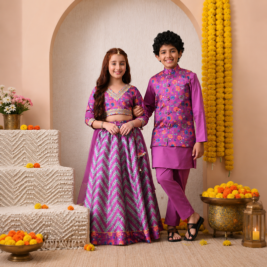 Premium Purple Floral Printed Kids Ethnic Wear Set for Boys & Girls