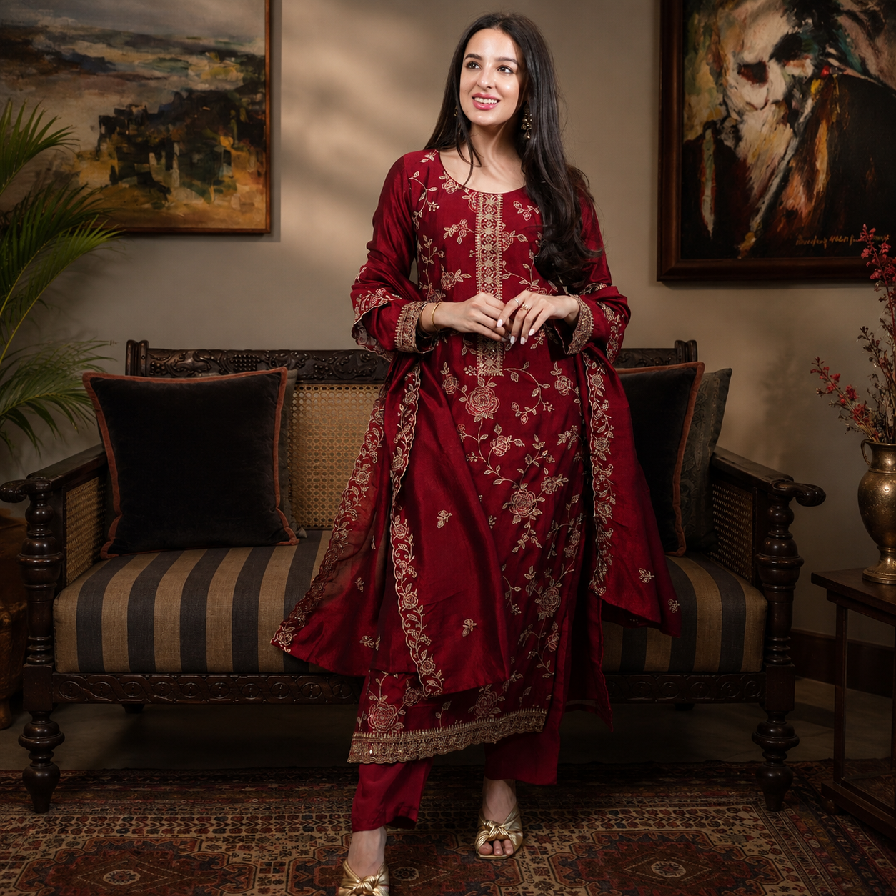 Premium Pure Vichitra Silk Kurta Set with Embroidered Dupatta | Sequence Work