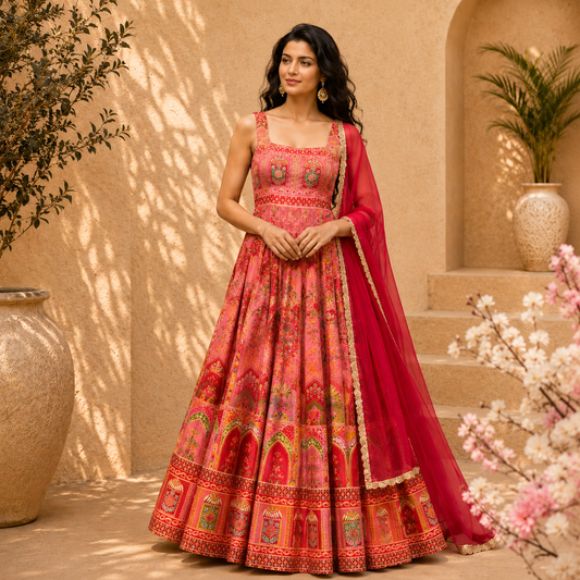 Premium Pure Jimmy Organza Silk Digital Printed Anarkali Gown with Dupatta