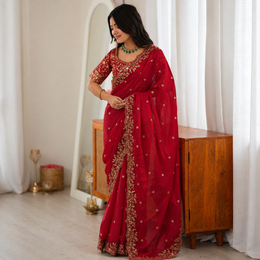 Premium Fendy Silk Embroidered Red Saree with Designer Blouse
