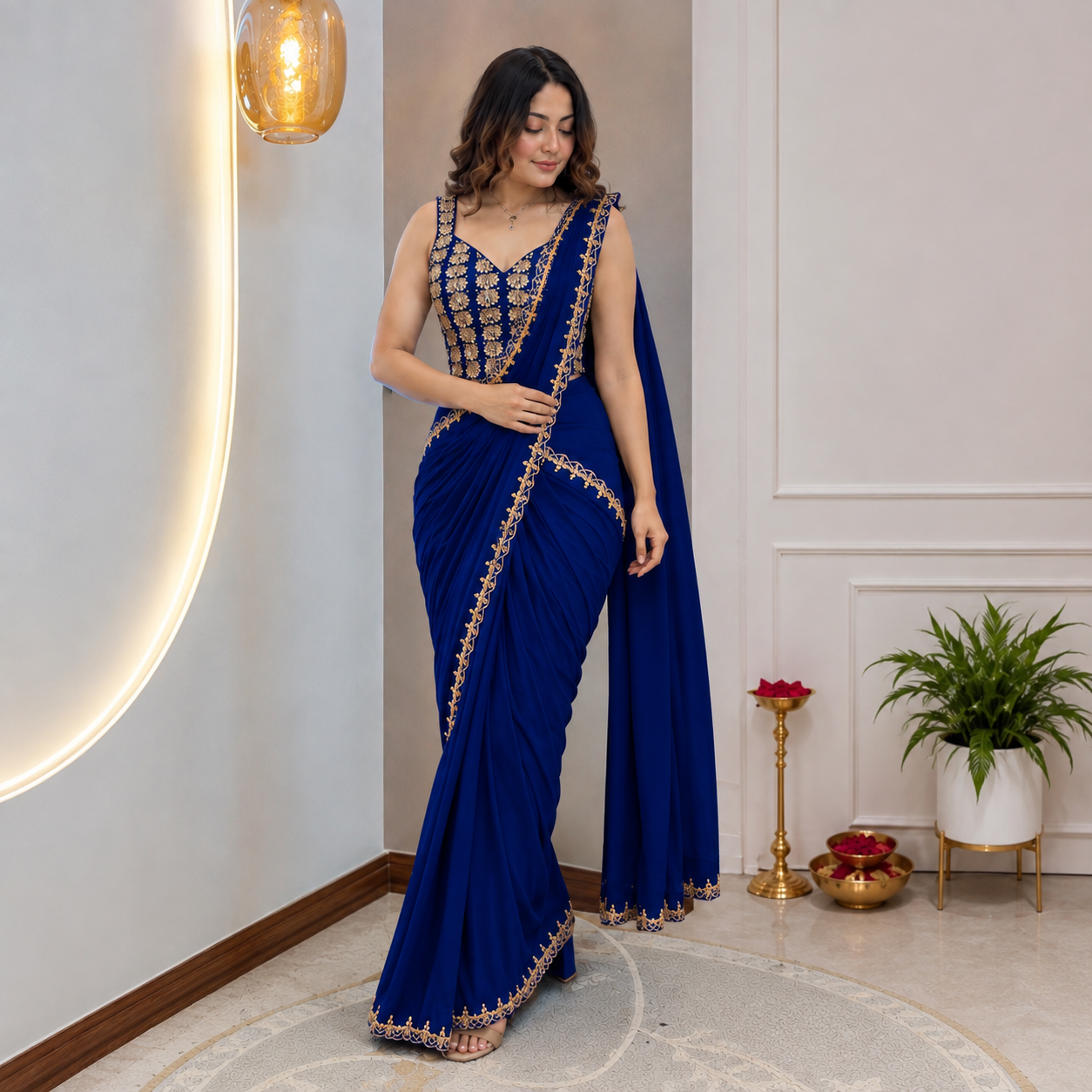 Premium Ready-to-Wear Heavy Crepe Silk Saree with Embroidered Blouse & Belt | Golden Foil Work