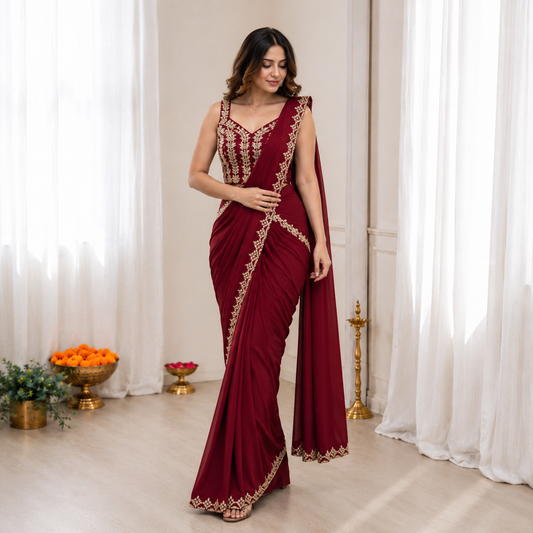 Premium Ready-to-Wear Heavy Crepe Silk Saree with Embroidered Blouse & Belt | Golden Foil Work