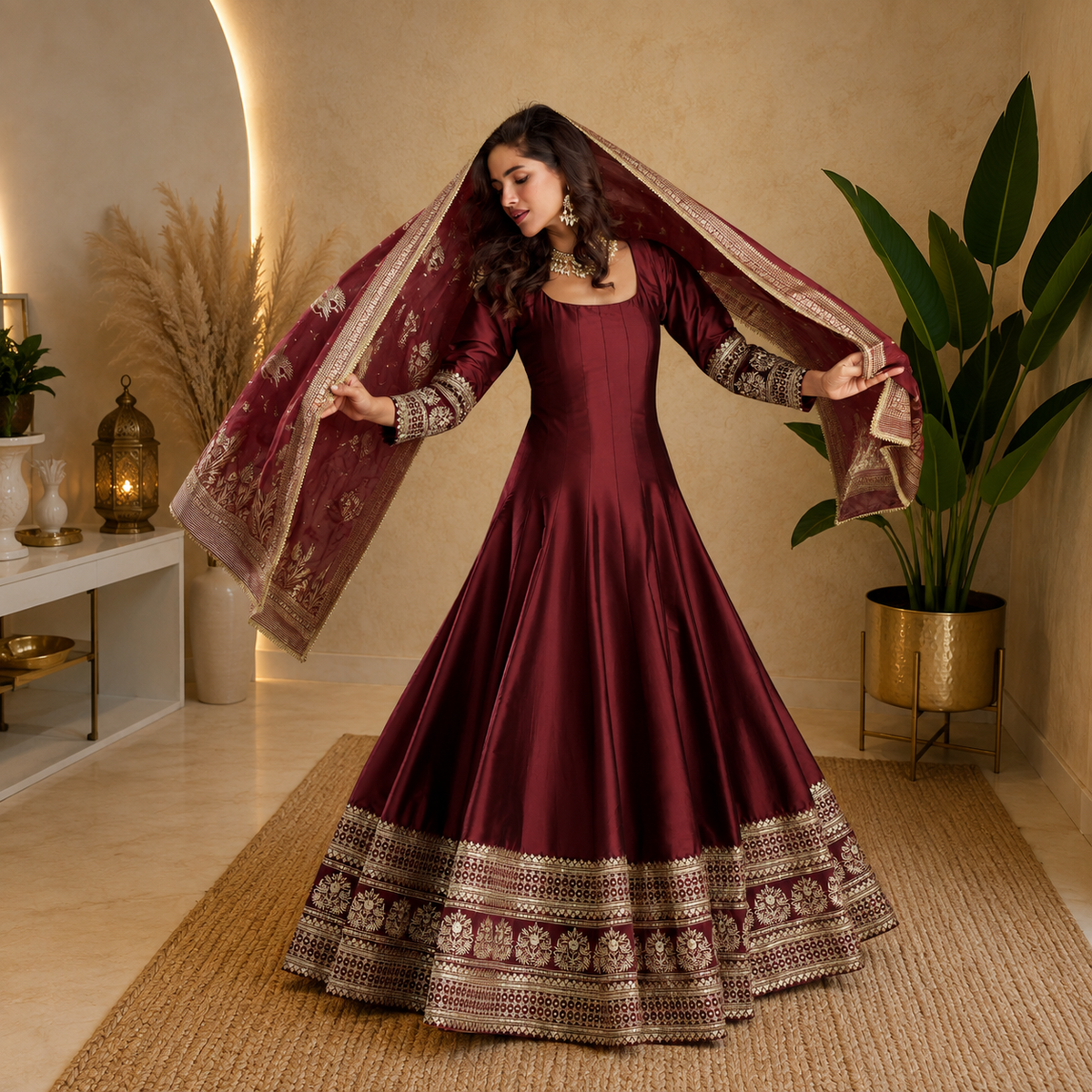 Premium Real Silk & Viscose Jacquard Silk Embroidered Gown With Dupatta