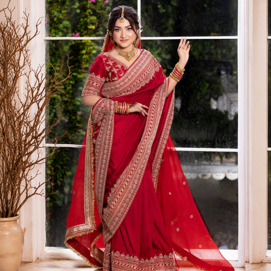 Premium Designer Satin Saree with Embroidered Blouse & Tabby Silk Dupatta