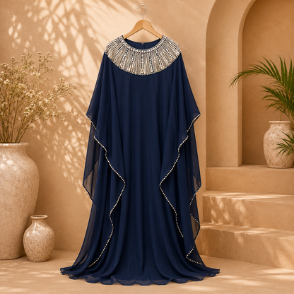 Luxury Glazy Chinon Kaftan Style Saree with Sequin Work – Navy Blue