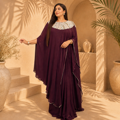 Luxury Glazy Chinon Kaftan Style Saree with Sequin Work – Navy Blue