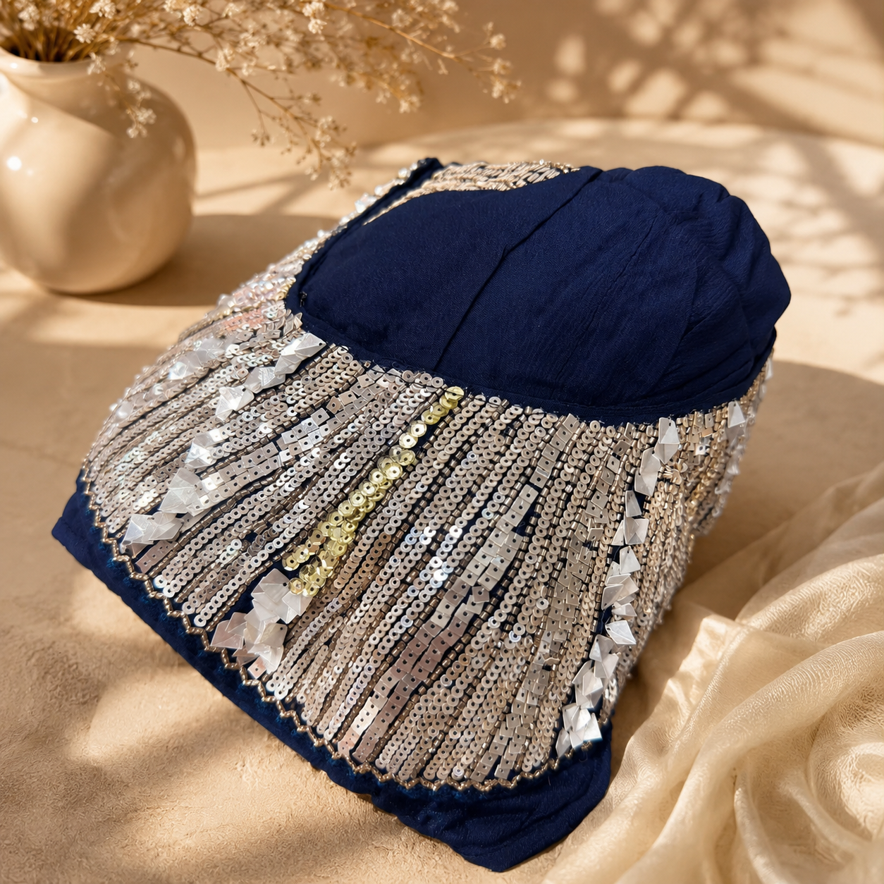 Luxury Glazy Chinon Kaftan Style Saree with Sequin Work – Navy Blue