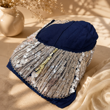 Luxury Glazy Chinon Kaftan Style Saree with Sequin Work – Navy Blue