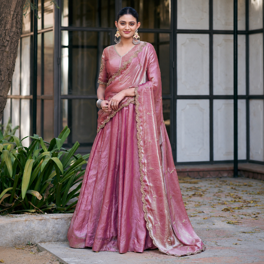 Elegant Pink Fendi Lehenga Set With Embroidery | Blouse Un-stitched