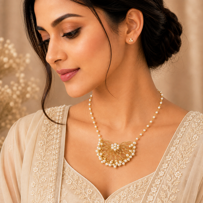 Luxury Pearl Floral Statement Necklace | Gold-Plated Ethnic Necklace | Festive & Wedding Jewellery