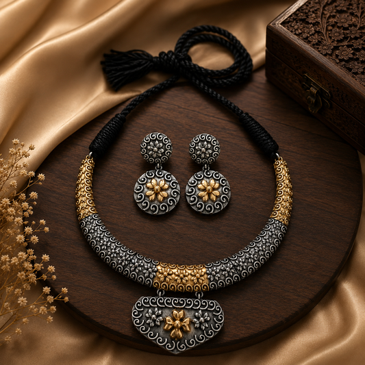 Premium Oxidised Silver & Gold Floral Choker Necklace Set with Earrings