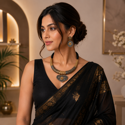 Premium Oxidised Silver & Gold Floral Choker Necklace Set with Earrings