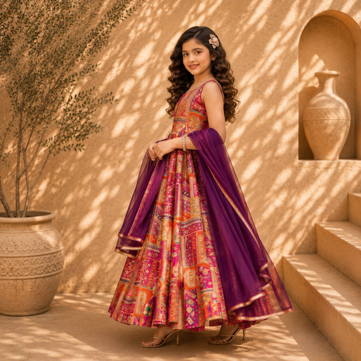Premium Kids Silk Digital Printed Anarkali Gown with Organza Dupatta