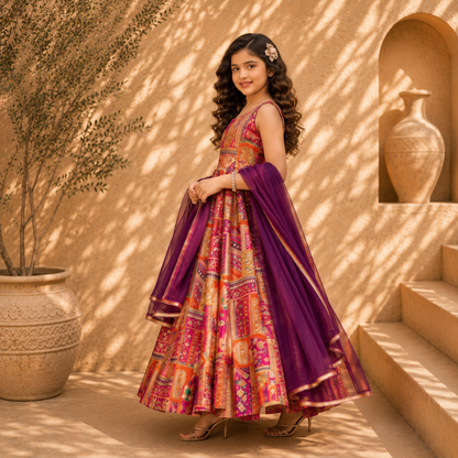 Premium Kids Silk Digital Printed Anarkali Gown with Organza Dupatta