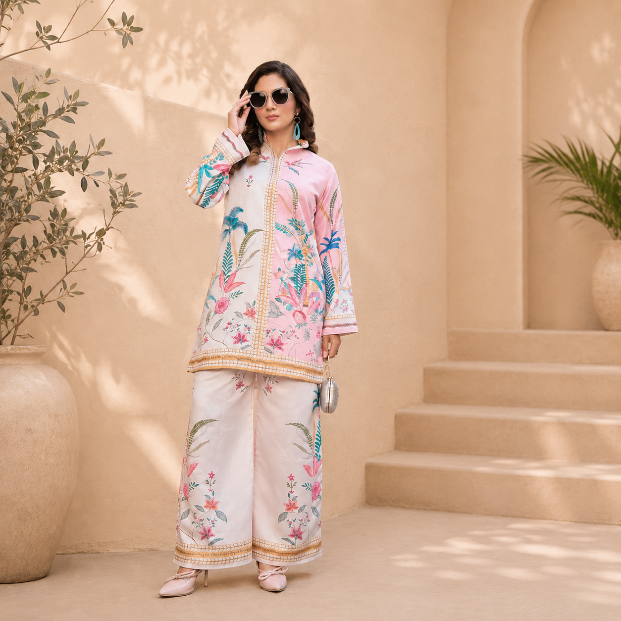 Printed Mal Satin Co-Ord Set – Pink & White