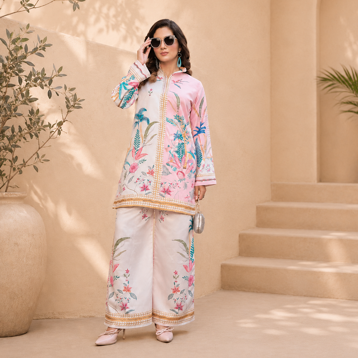 Printed Mal Satin Co-Ord Set – Pink & White