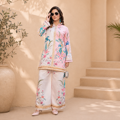 Printed Mal Satin Co-Ord Set – Pink & White