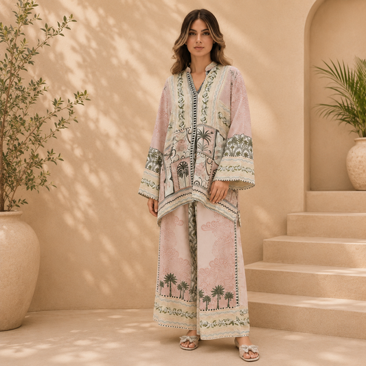 Premium Satin Printed Co-Ord Set - Blush Pink