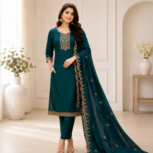 Premium Embroidered Cotton Blend Kurti Pant & Dupatta Set