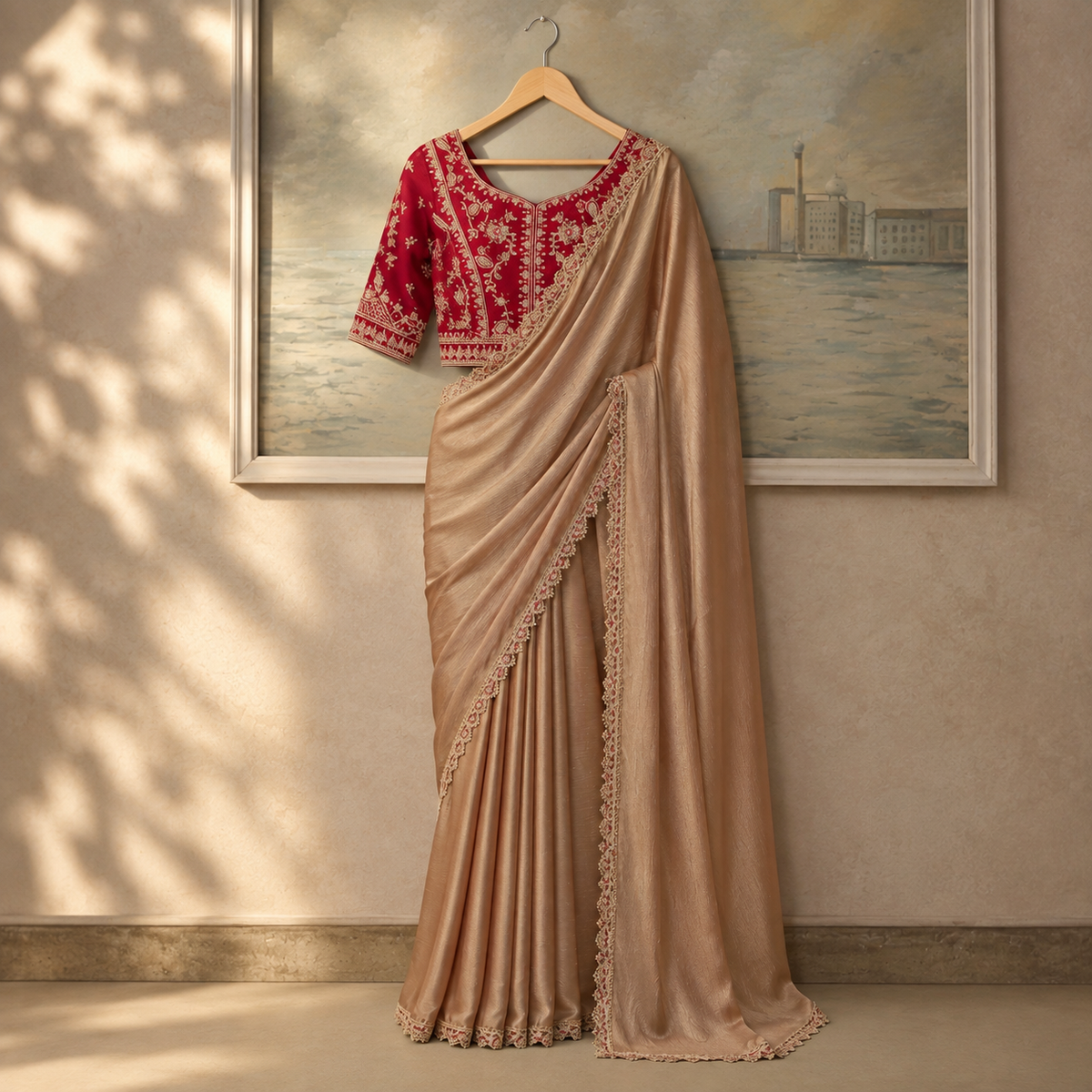 Salsa Premium Georgette Embroidered Saree with Tussar Blouse - Unstitched Blouse