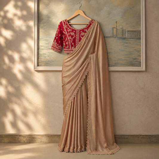 Salsa Premium Georgette Embroidered Saree with Tussar Blouse - Unstitched Blouse