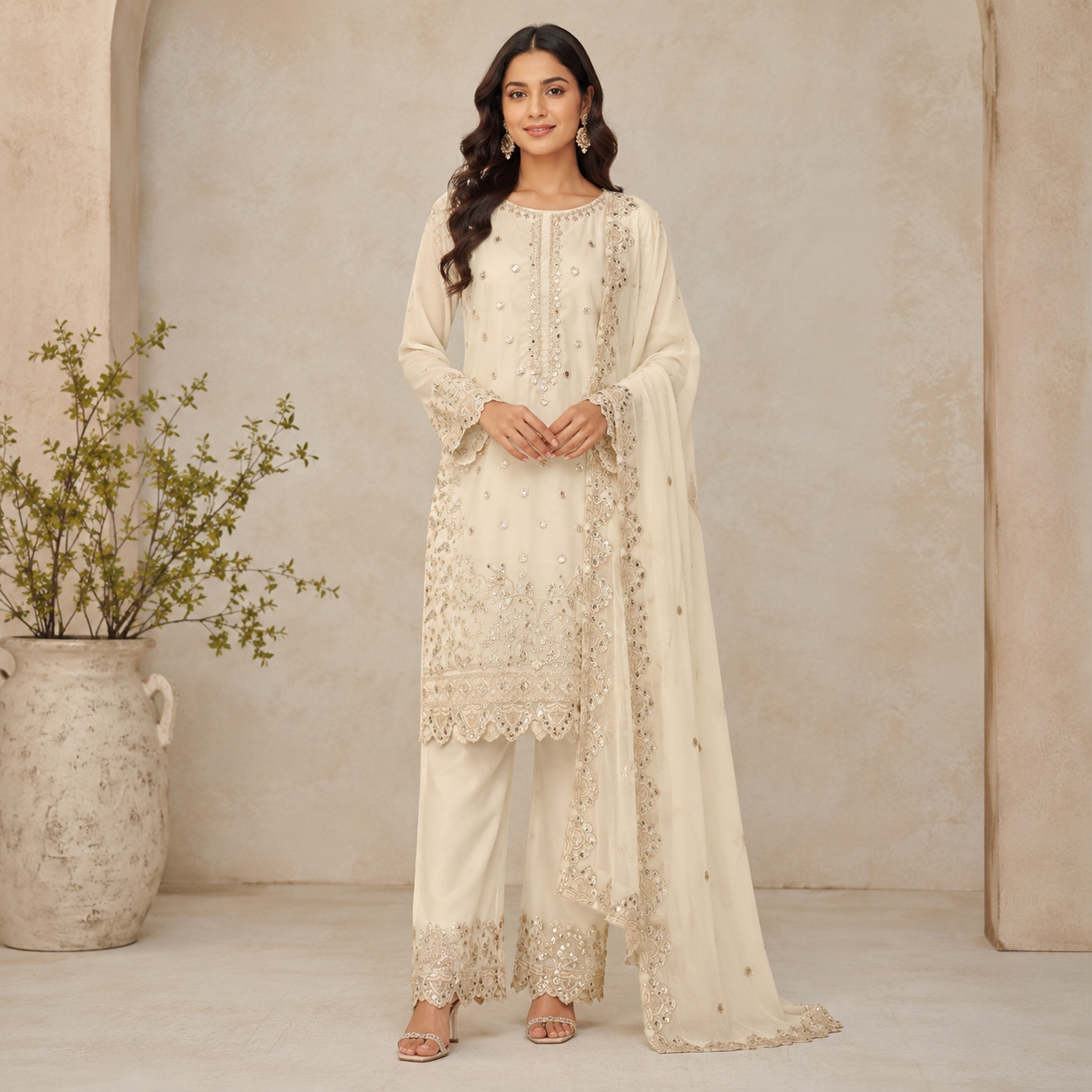 Women's Premium Faux Georgette Embroidered Sequins Kurti Palazzo Set with Dupatta | Party & Festive Wear