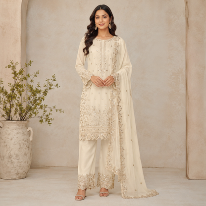 Women's Premium Faux Georgette Embroidered Sequins Kurti Palazzo Set with Dupatta | Party & Festive Wear