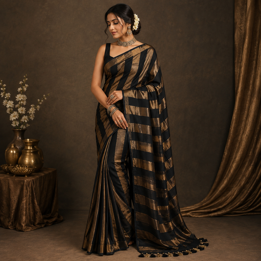 Tissue Silk Alternate Stripe Saree (Black & Antique Gold) - Without Blouse Piece