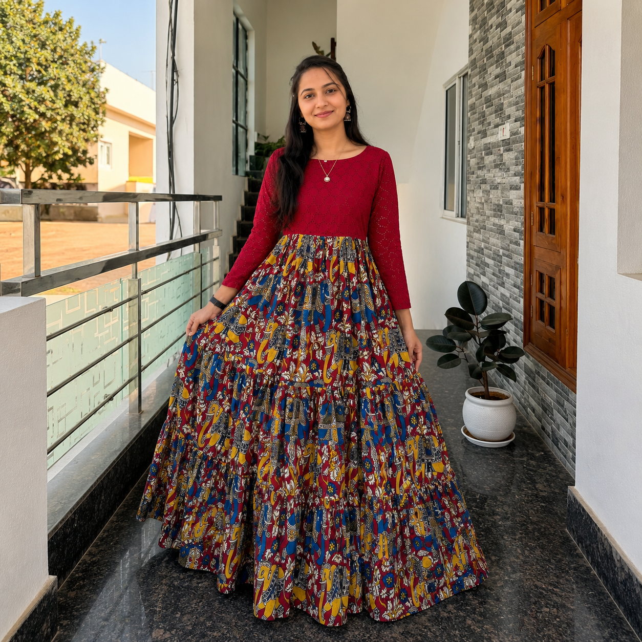 Women's Kalamkari Print Anarkali Gown | Hakuba & Soft Muslin Fabric | 4 Meter Flair | Ethnic Party & Festive Wear