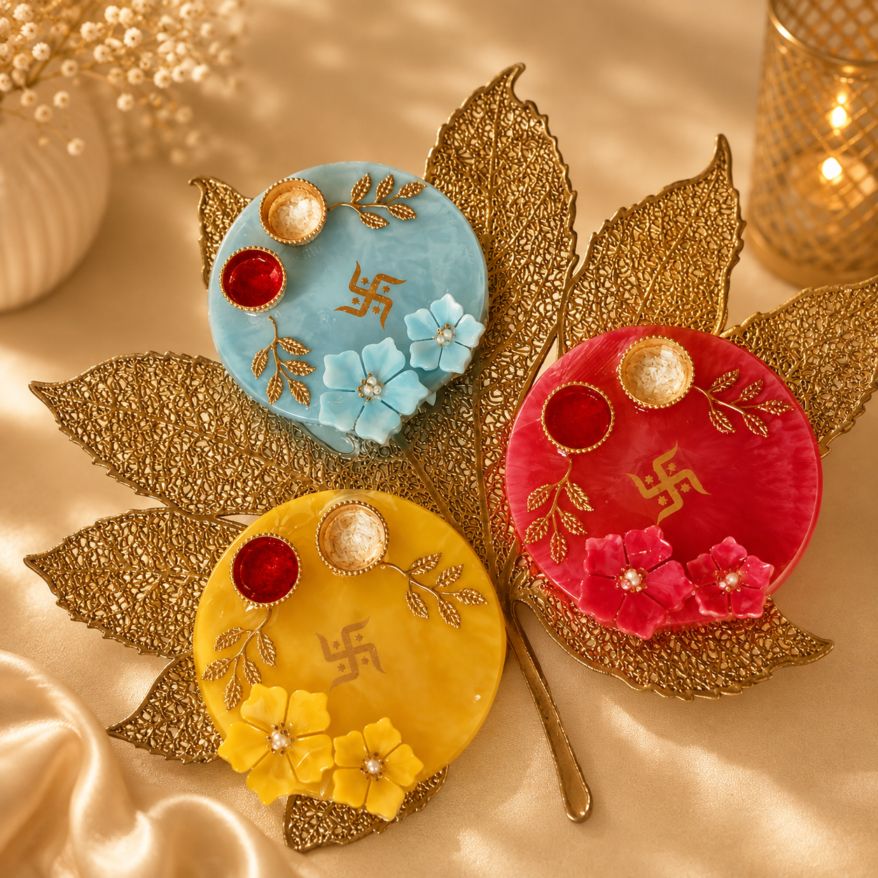 Premium Resin Haldi Kumkum Plate – 6 Inch Decorative Pooja Thali | Floral Design