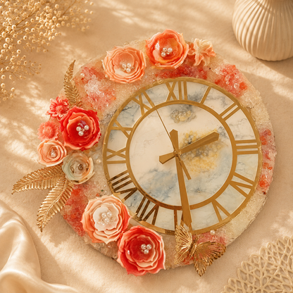 Luxury 3D Resin Wall Clock – Handmade Floral Epoxy Art Clock for Home Décor
