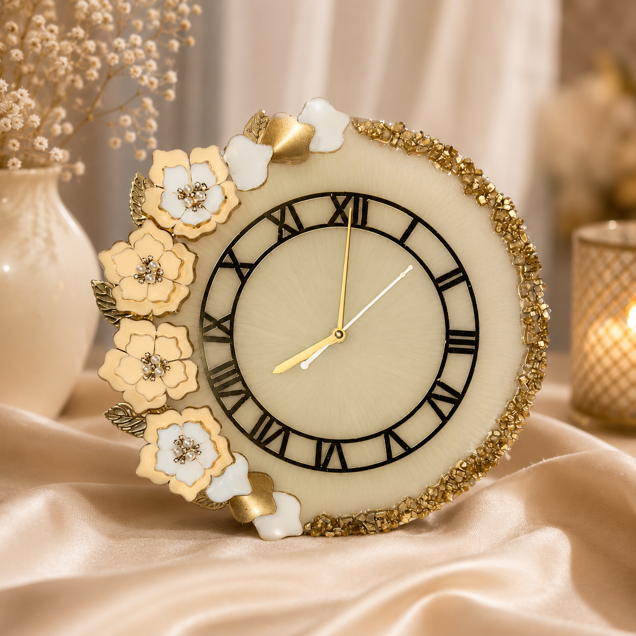 Luxury 3D Resin Floral Table Clock – Handmade Epoxy Art Clock for Elegant Home Décor