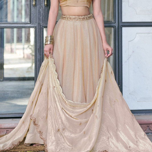 Elegant Champagne Fendi Lehenga Set With Embroidery  | Blouse Un-stitched