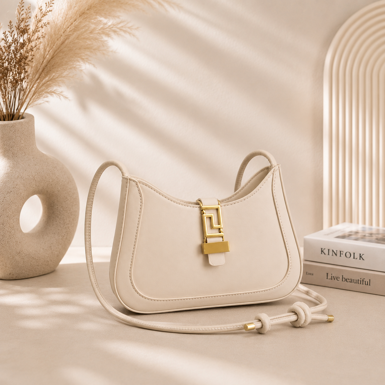 Women's Premium Ivory Shoulder Bag | Elegant Leather Crossbody Purse with Gold Lock