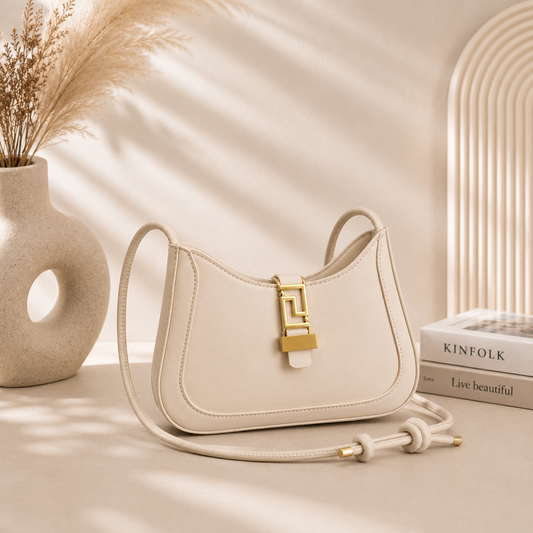 Women's Premium Ivory Shoulder Bag | Elegant Leather Crossbody Purse with Gold Lock