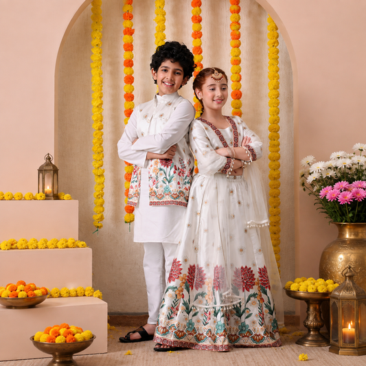 Premium Kids White Floral Printed Ethnic Wear Set for Boys & Girls