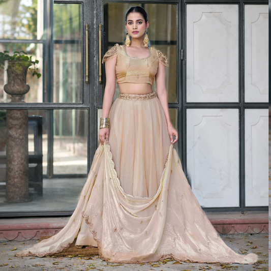 Elegant Champagne Fendi Lehenga Set With Embroidery  | Blouse Un-stitched