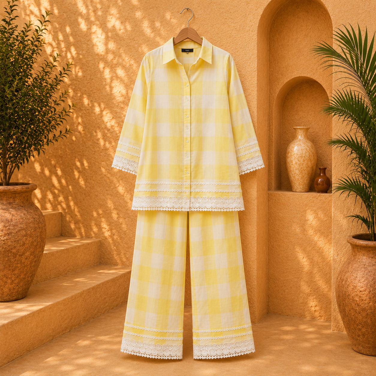Premium Cotton Checked Co-Ord Set with Lace Detailing