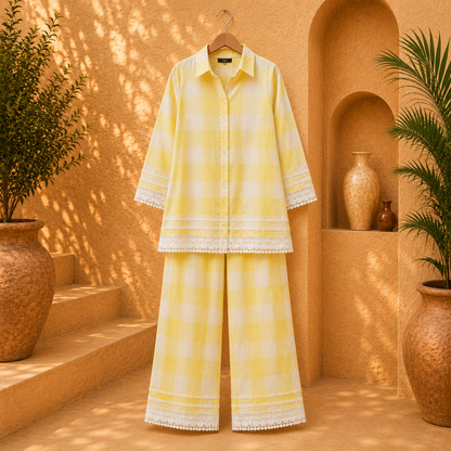 Premium Cotton Checked Co-Ord Set with Lace Detailing