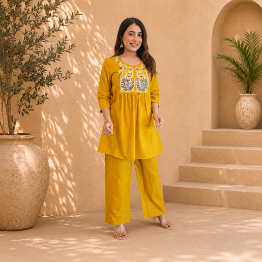 Premium Heavy Cotton Embroidered Co-Ord Set for Women | Cotton Kurti & Pant Set
