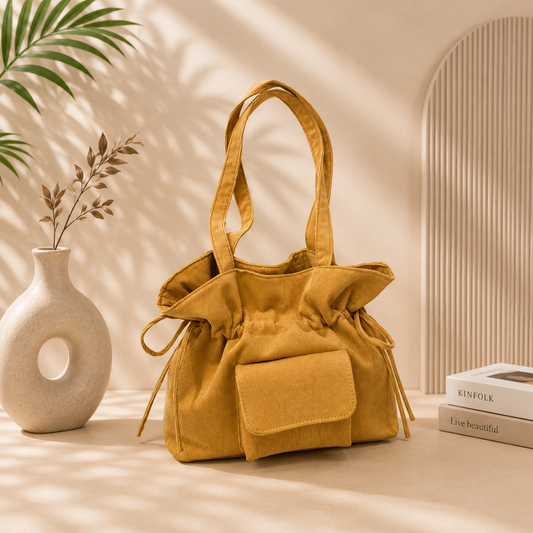 Women's Premium Mustard Corduroy Tote Bag | Casual Shoulder Handbag