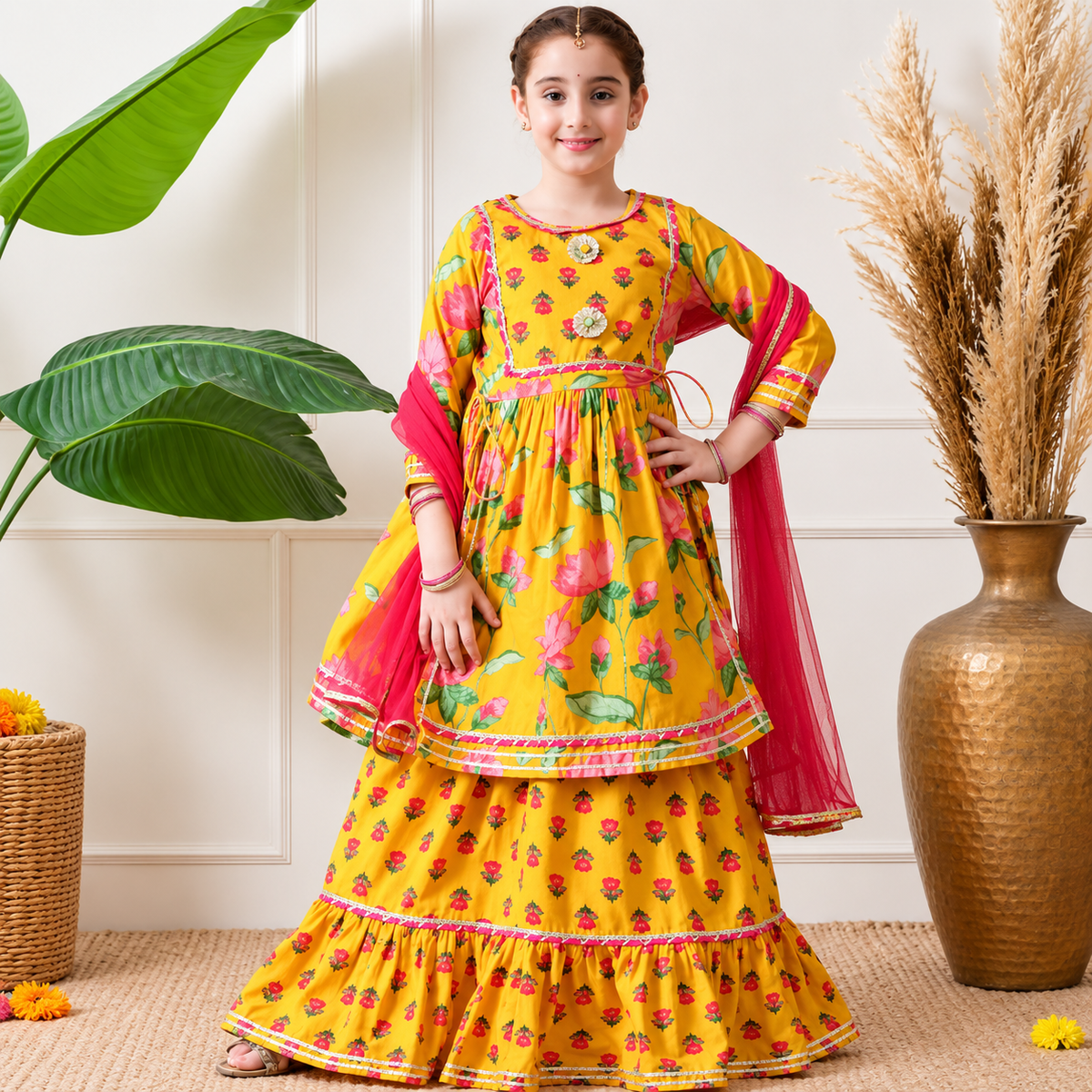 Girls Pretty Ethnic Wear Dress – Premium Yellow Floral Sharara Set with Dupatta