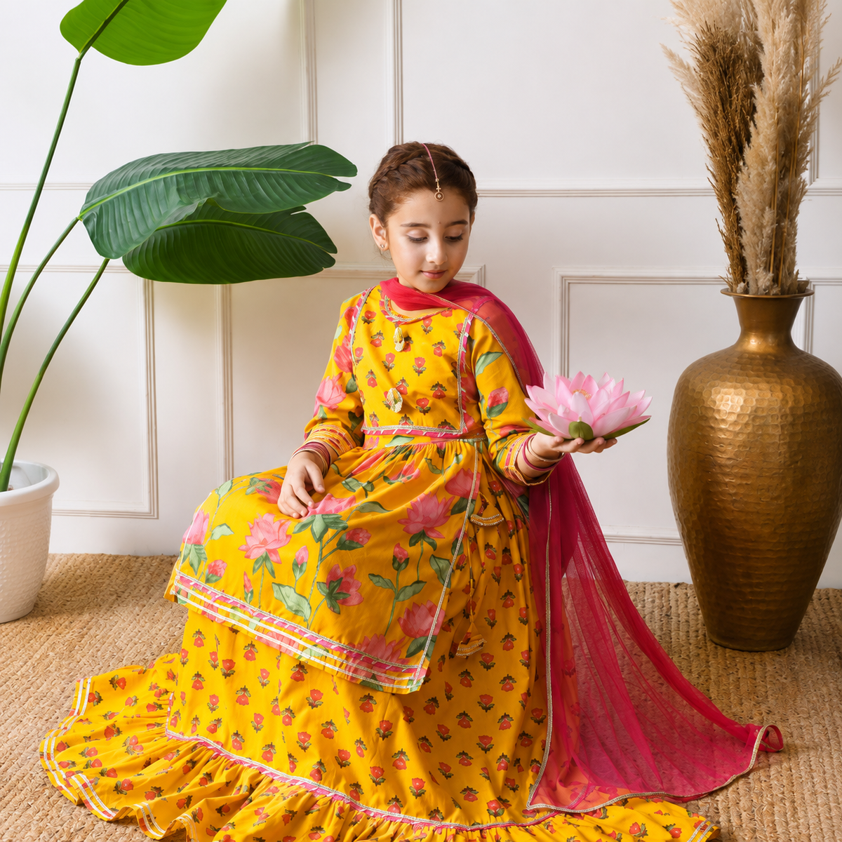 Girls Pretty Ethnic Wear Dress – Premium Yellow Floral Sharara Set with Dupatta