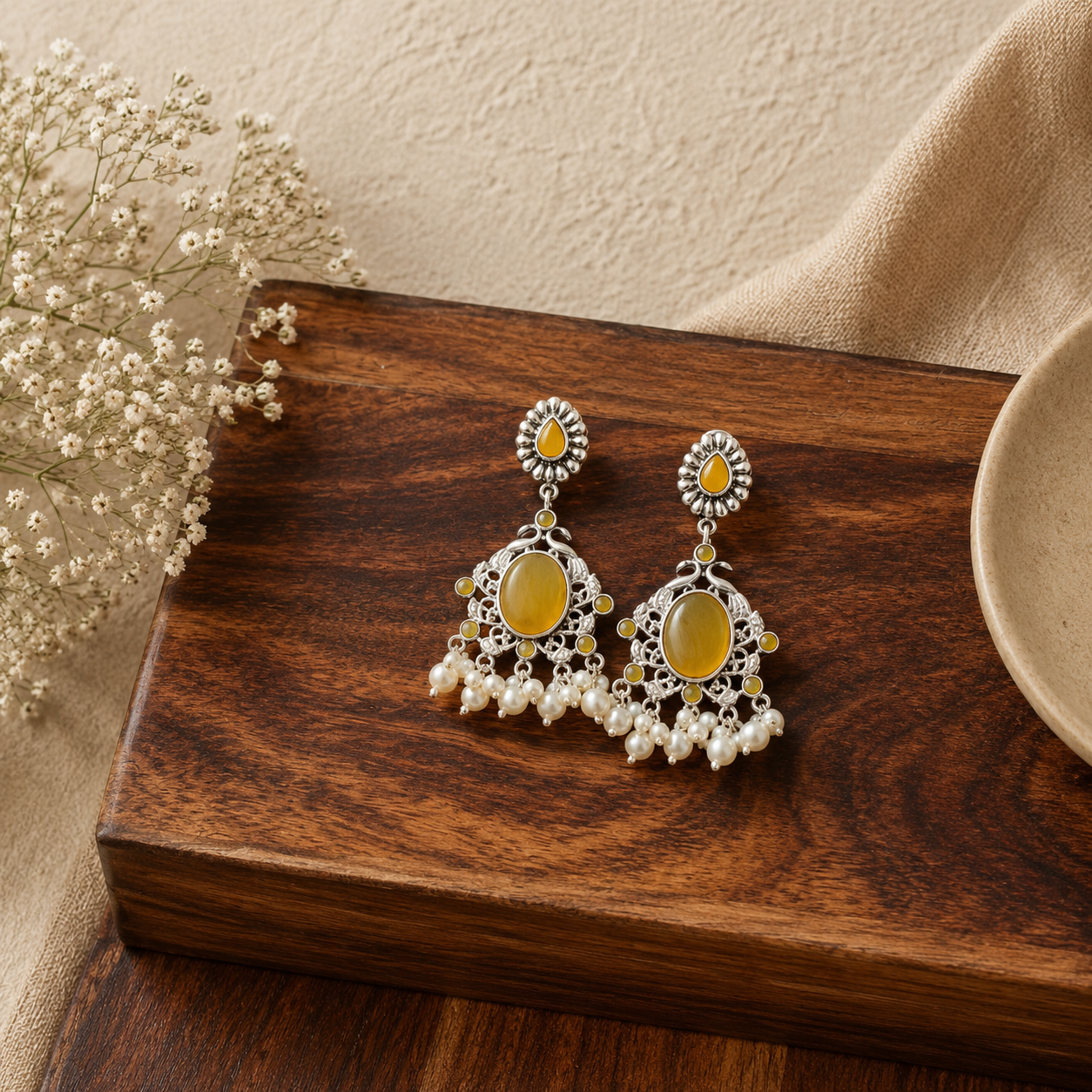 Yellow Sapphire Oxidised Silver Statement Earrings